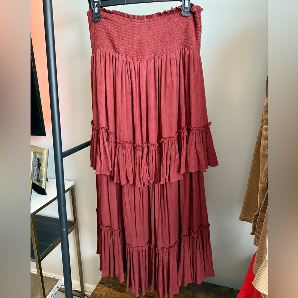 Free People Rust Red “The Convertible Skirt” Tiered Maxi Skirt in size Medium